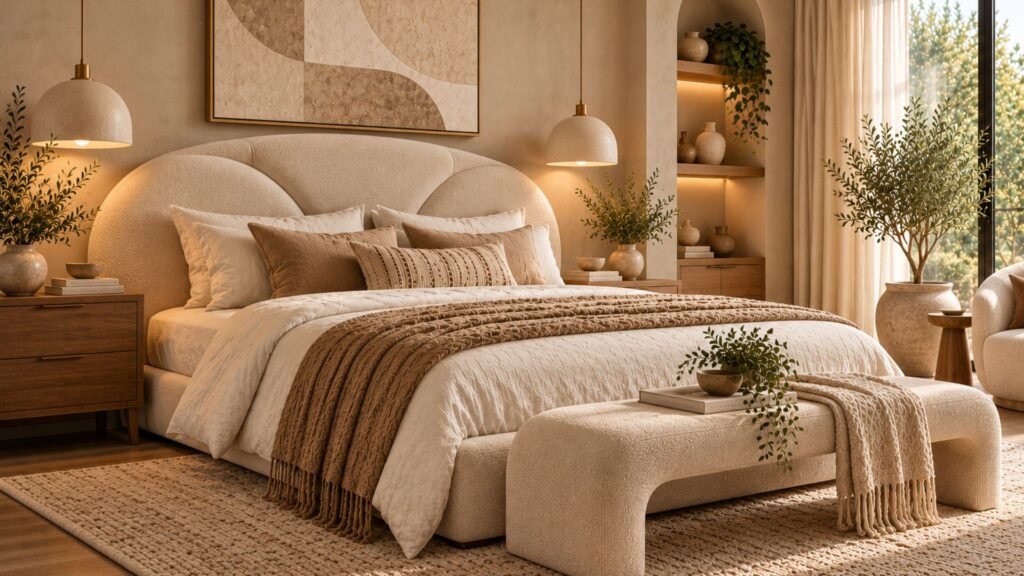 Organic modern bedroom with curved sculptural upholstered headboard, minimalist wood furniture, and layered neutral bedding.