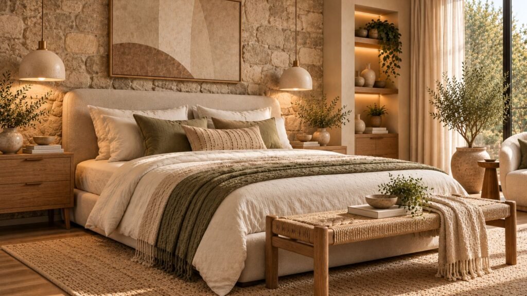 Organic modern bedroom with textured limestone feature wall, natural wood furniture, cream upholstered bed, and understated lighting.
