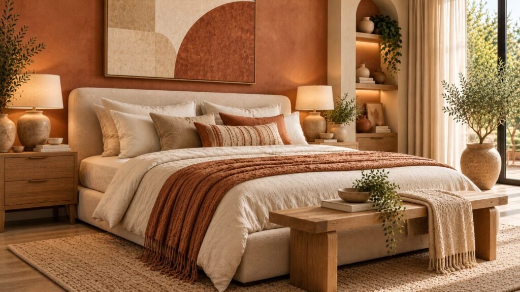 Organic modern bedroom with muted terracotta walls, ivory upholstered bed, natural linen bedding, and handmade ceramic accessories.