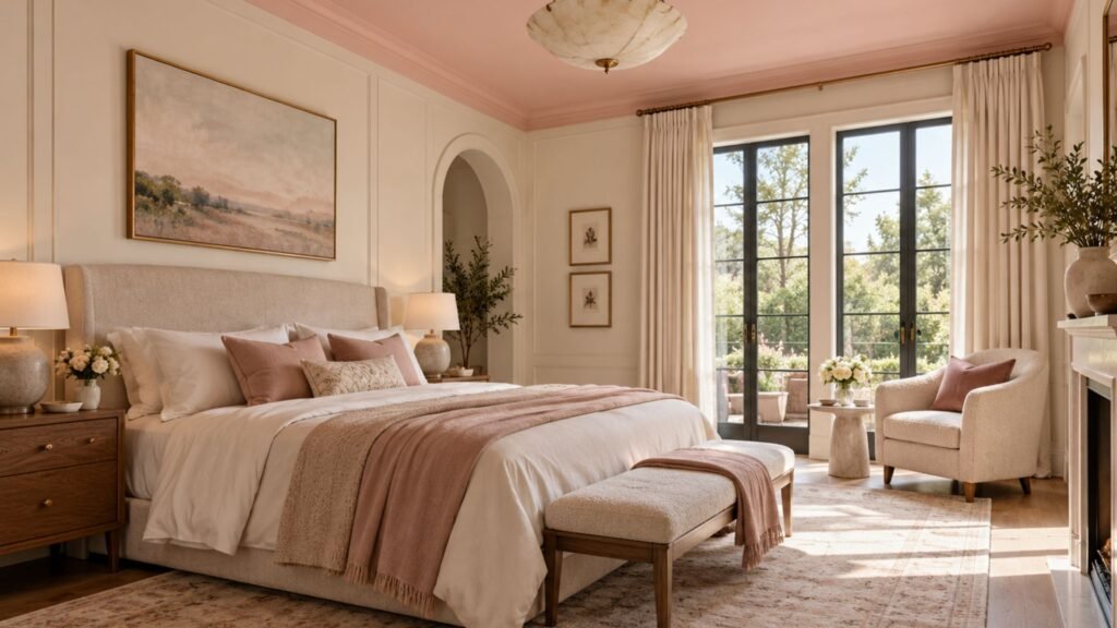 Airy Scandinavian bedroom with a pale pink painted ceiling, warm white walls, blonde oak furniture, a minimal linen bed, paper pendant lighting, and large contemporary windows.