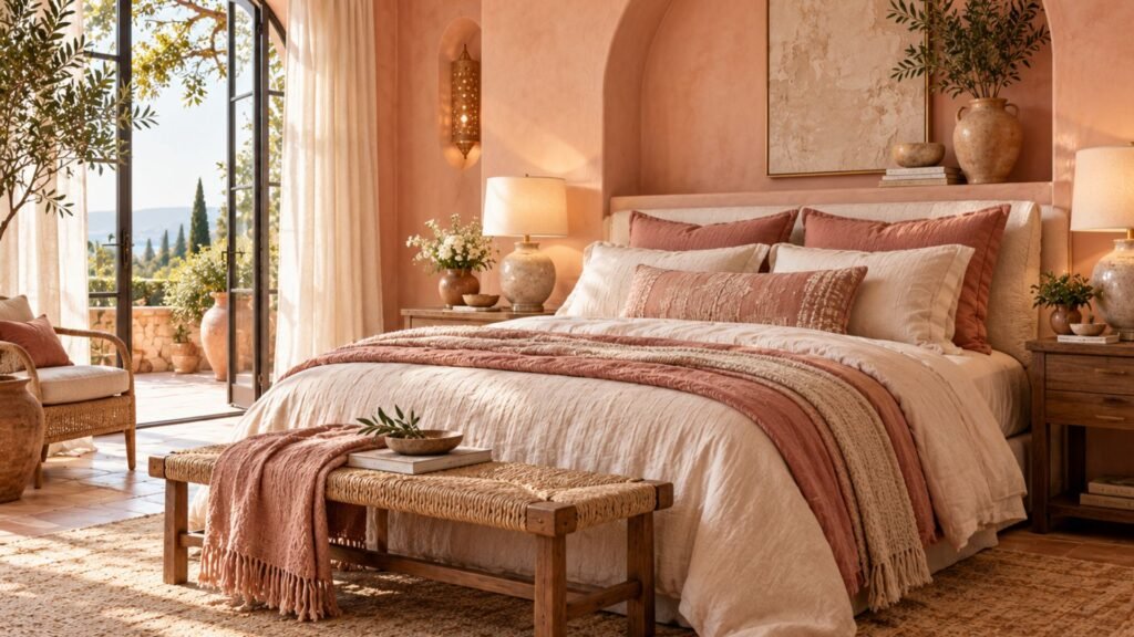 Mediterranean bedroom with peach-pink plaster walls, an arched window, terracotta tile flooring, an antique timber bed, linen canopy, and handmade ceramic pendant lights.