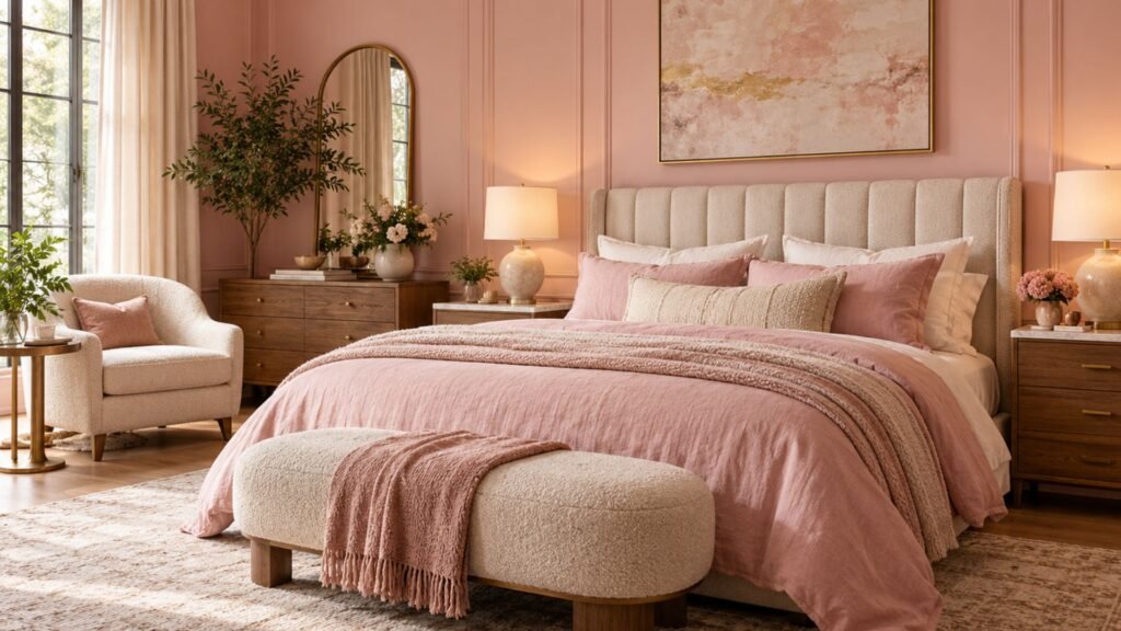 Sophisticated blush pink bedroom ideas
with softly textured walls, an ivory upholstered bed, warm walnut furniture, sculptural lighting, and layered neutral bedding.