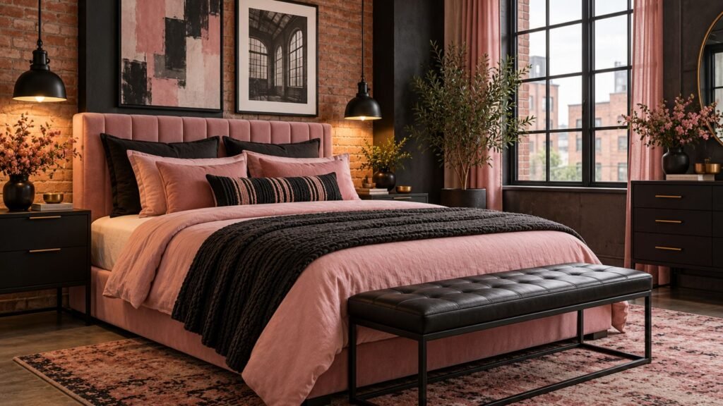 Contemporary industrial loft bedroom with dusty rose plaster walls, black steel-framed windows, low black platform bed, exposed concrete ceiling, and minimal sculptural lighting.
