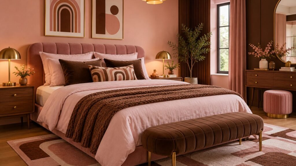 Warm retro-inspired bedroom with dusty pink walls, chocolate brown velvet bed, vintage walnut dresser, mushroom-shaped lighting, and a patterned rust-and-cream rug.