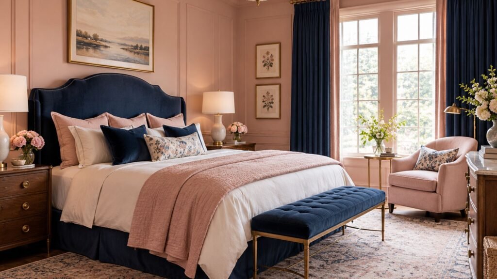 Refined contemporary bedroom with muted blush walls, navy blue upholstered bed, tailored striped bedding, dark walnut nightstands, and understated bronze lighting.
