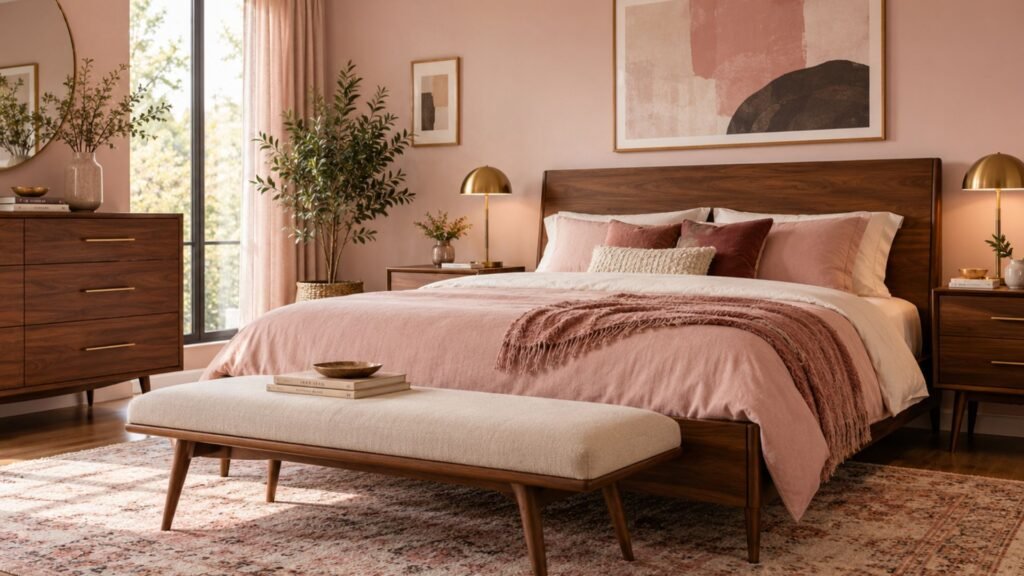 Mid-century modern bedroom with soft pink walls, a low walnut platform bed, vintage teak dresser, globe pendant lighting, geometric artwork, and warm timber flooring.