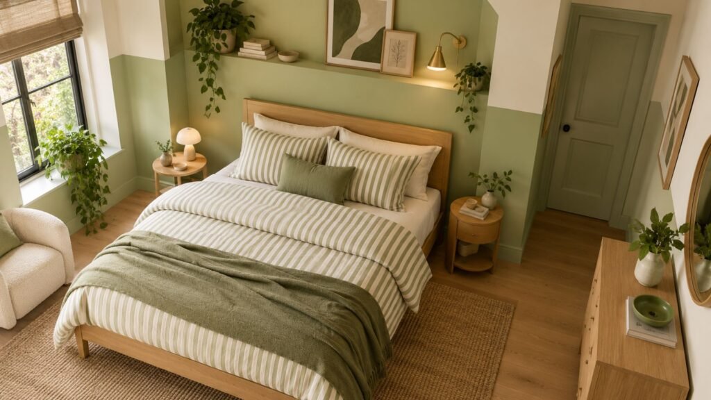 Contemporary pistachio green bedroom with color-blocked walls, painted alcove, light oak furniture, and playful striped bedding.