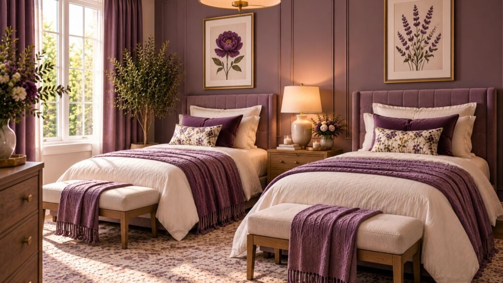 Elegant twin guest bedroom with two upholstered beds, muted plum walls, matching bedside lighting and cream striped bedding.