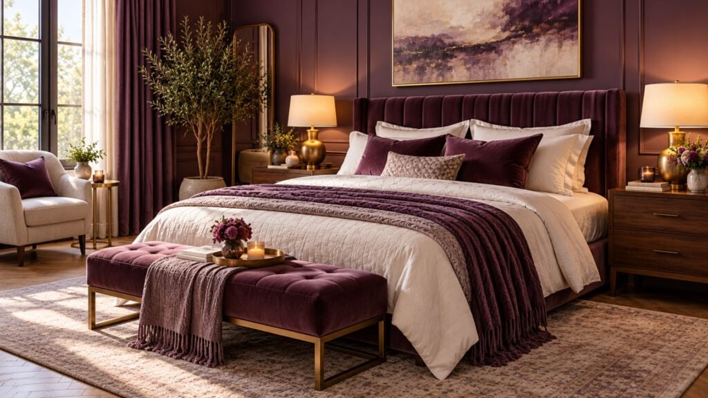 Luxury bedroom with deep plum walls, dark walnut furniture, upholstered bed and warm brass bedside lighting.