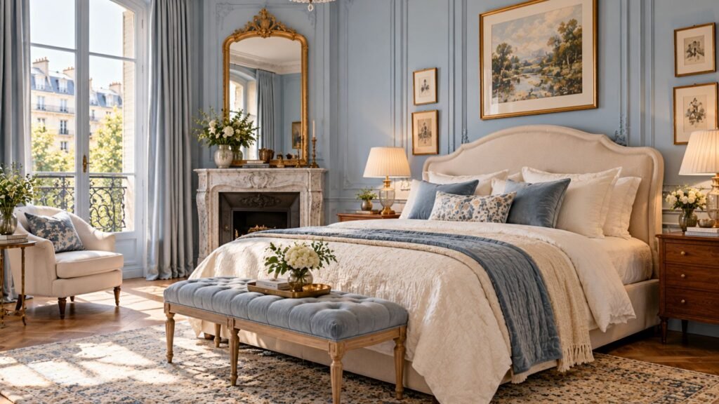 Elegant Parisian bedroom with powder blue paneled walls, ornate plaster molding, curved cream upholstered bed, antique marble fireplace, and vintage brass lighting.