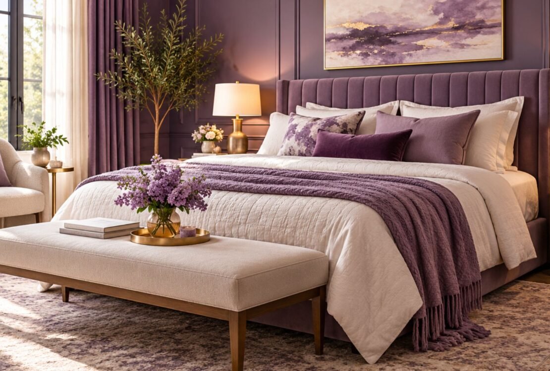 Elegant purple bedroom ideas featuring muted plum walls, a velvet upholstered bed, layered lavender bedding, warm wood furniture, and brass lighting.
