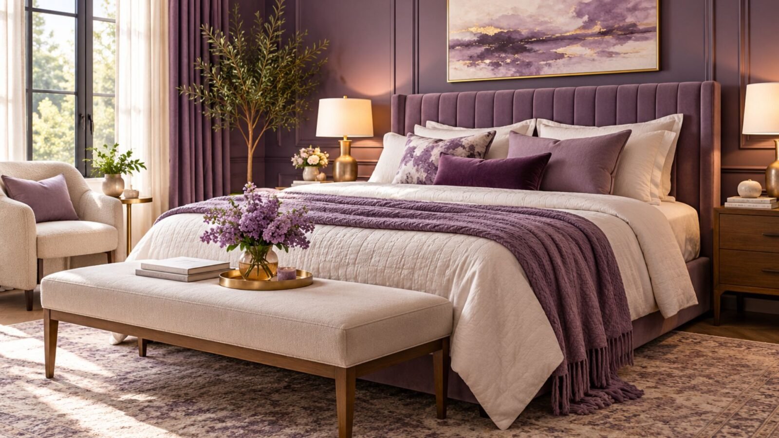 Elegant purple bedroom ideas featuring muted plum walls, a velvet upholstered bed, layered lavender bedding, warm wood furniture, and brass lighting.