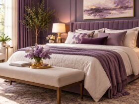 Elegant purple bedroom ideas featuring muted plum walls, a velvet upholstered bed, layered lavender bedding, warm wood furniture, and brass lighting.