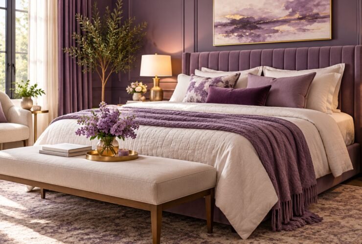 Elegant purple bedroom ideas featuring muted plum walls, a velvet upholstered bed, layered lavender bedding, warm wood furniture, and brass lighting.