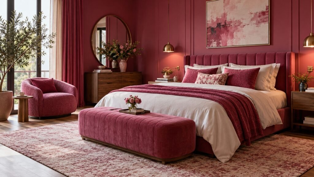 Bold contemporary bedroom with a saturated raspberry pink geometric feature wall, minimal white platform bed, cobalt blue accent chair, sculptural lighting, and polished concrete flooring.