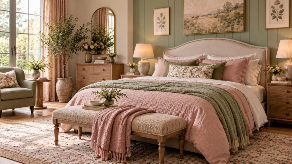 Charming English country bedroom with dusty rose walls, sage green painted furniture, antique iron bed, floral curtains, exposed oak flooring, and a vintage quilt.