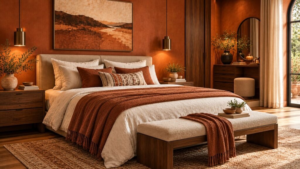 Luxury bedroom with deep rust walls, walnut furniture, upholstered bed, brass sconces, and layered cream bedding.