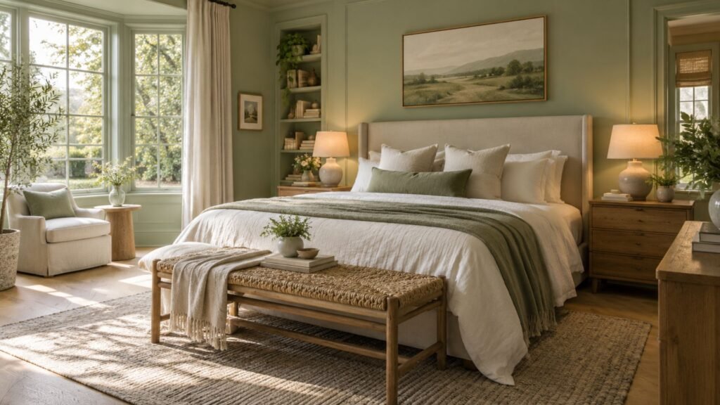 Elegant sage green bedroom with muted green walls, natural oak furniture, layered ivory bedding, warm lighting, and an upholstered headboard.