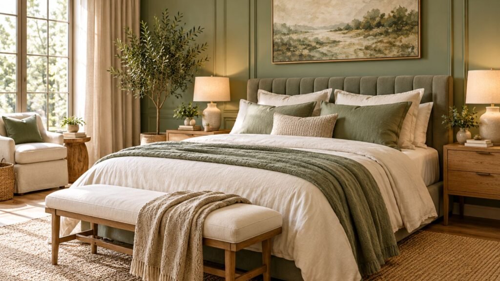 Minimalist Japandi bedroom with muted sage plaster walls, low natural oak platform bed, linen bedding, and a timber slatted room divider.