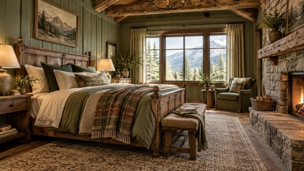 Rustic mountain bedroom with exposed wooden ceiling beams, sage green paneled walls, an antique oak bed, wool blankets, and a stone fireplace.
