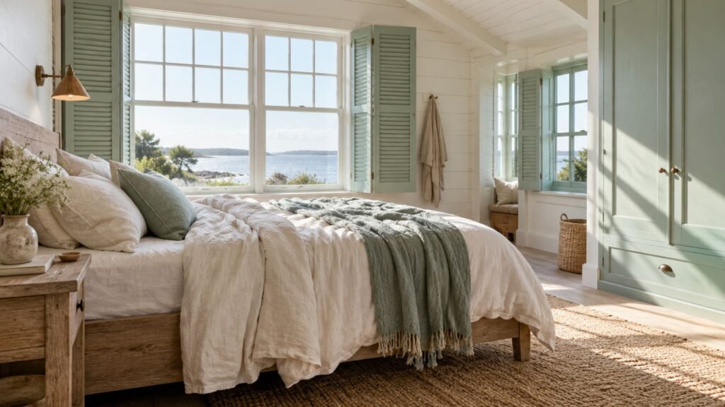 Coastal bedroom with sea-glass green shutters, white shiplap walls, natural oak furniture, and relaxed ivory linen bedding.