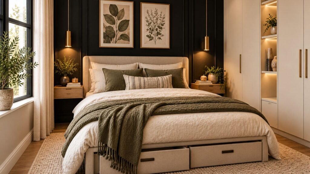 Small black bedroom with compact double bed, cream fitted wardrobes, floating bedside shelves, and space-saving pendant lighting.
