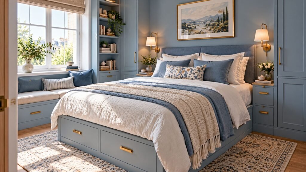 Compact small bedroom with dusty blue fitted wardrobes framing the bed, integrated bedside shelves, concealed under-bed drawers, and light cream bedding