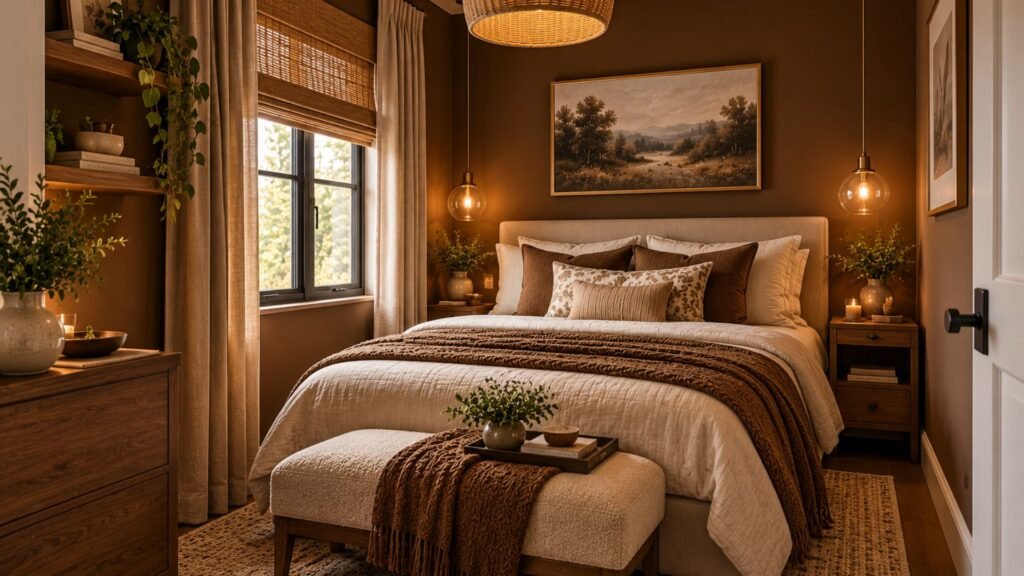 Compact urban bedroom with a tobacco brown upholstered headboard, white walls, mocha bedding, slim floating bedside shelf, and space-saving furniture.