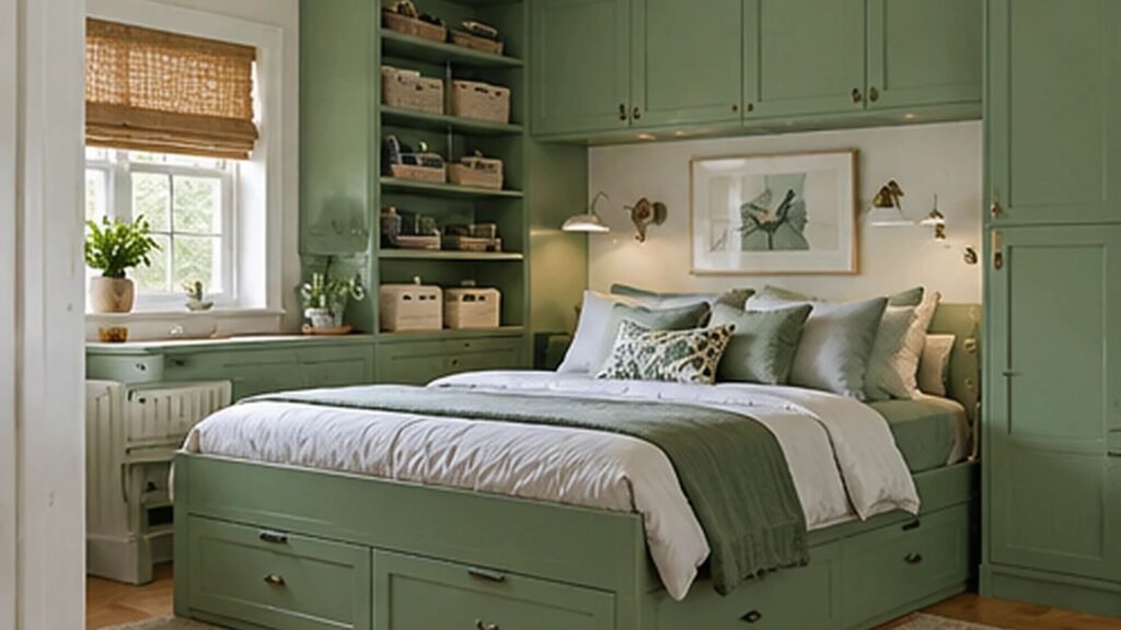 Small green bedroom with pale green built-in wardrobes, compact wooden bed, floating bedside shelf, and space-saving wall lights.