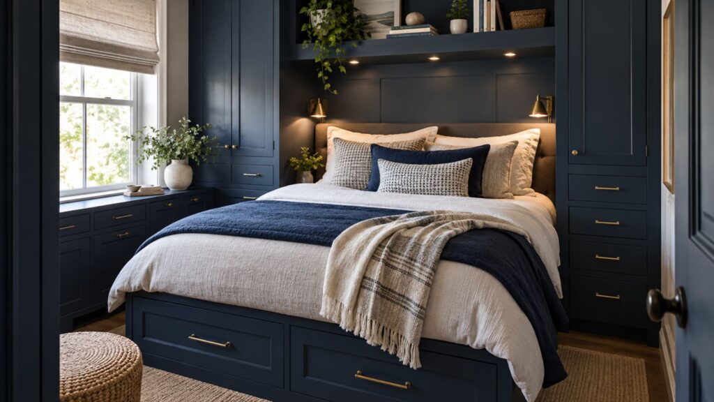 Compact modern bedroom with navy floor-to-ceiling built-in wardrobes framing a cream bed, integrated bedside shelving, concealed drawers, and warm reading lights.