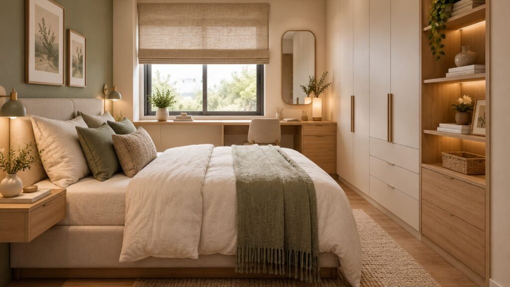 Small organic modern bedroom with pale oak built-in wardrobes, compact upholstered bed, floating nightstands, and neutral linen bedding.