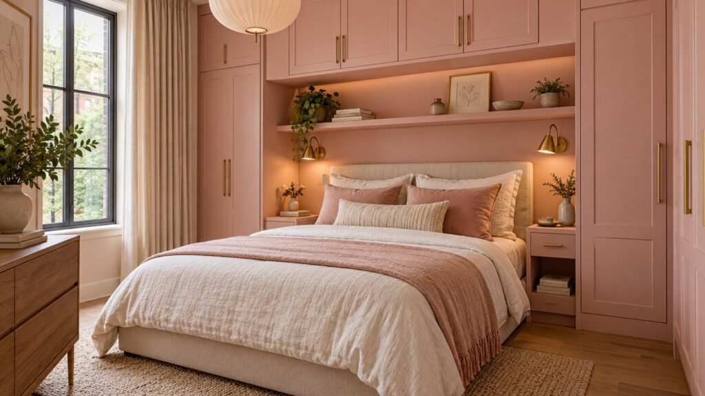Compact apartment bedroom with dusty pink built-in wardrobes, an ivory upholstered bed, integrated bedside shelving, concealed drawers, and warm wall-mounted reading lights.