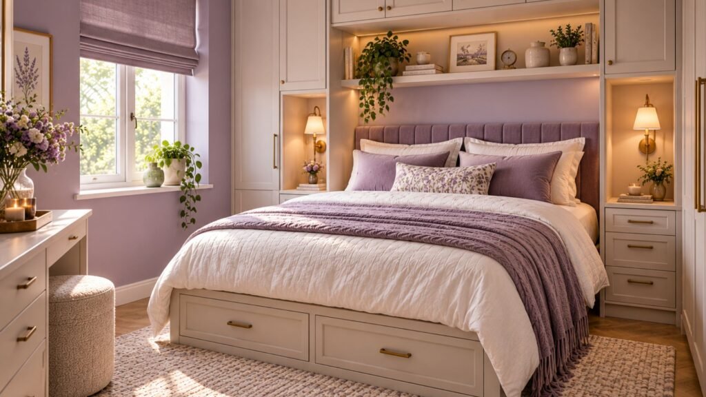 Small bedroom with muted purple walls, fitted wardrobes around the bed, integrated shelves and under-bed storage drawers.