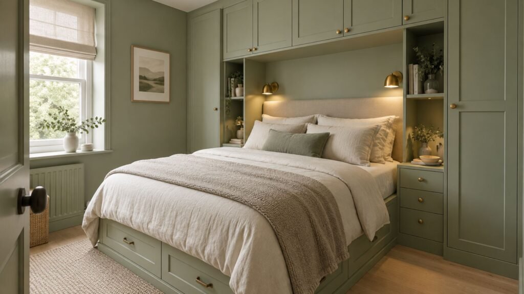 Compact sage green bedroom with custom built-in storage framing the bed, concealed drawers, a slim wall-mounted bedside shelf, and soft neutral bedding.