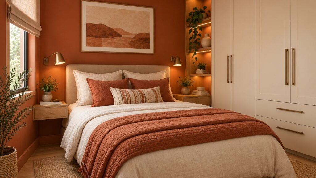 Small terracotta bedroom with compact double bed, fitted cream wardrobes, floating nightstand, and integrated storage.