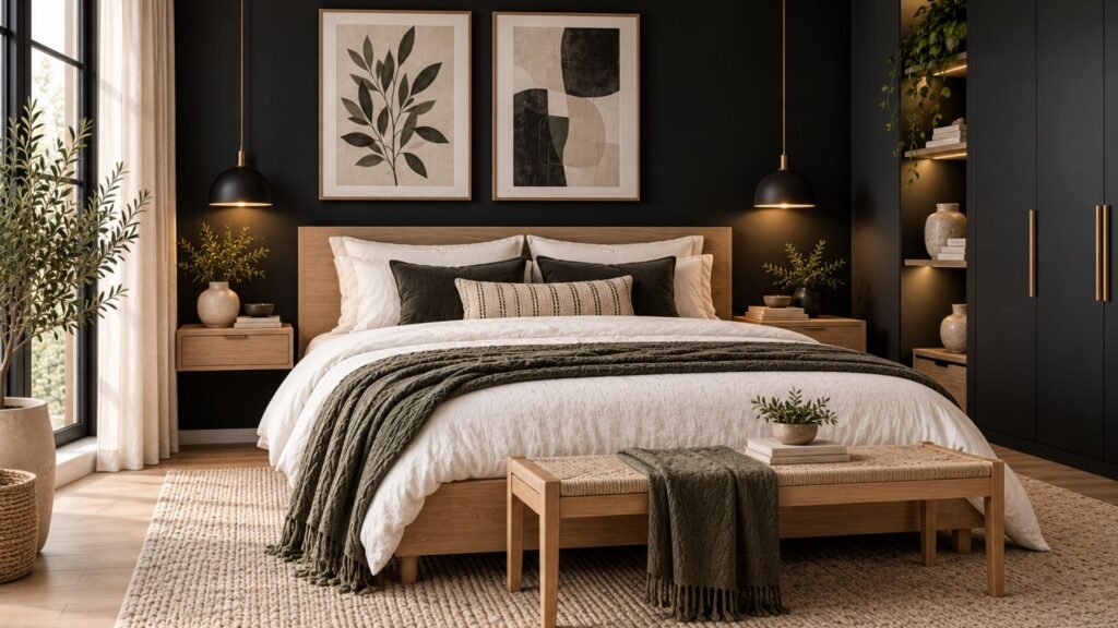 Scandinavian bedroom with soft charcoal black wall, pale ash wood bed, white linen bedding, and minimalist natural furnishings.