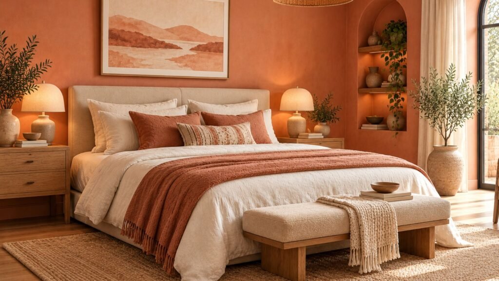 Soft terracotta bedroom with pale clay walls, cream upholstered bed, ivory curtains, and light wooden furniture.