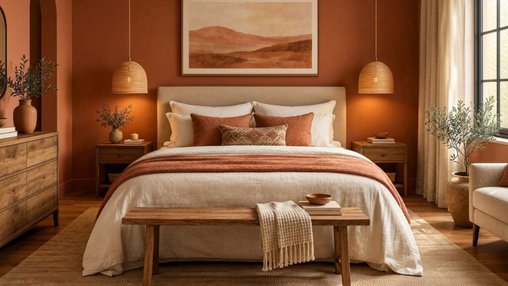 Warm terracotta bedroom ideas with earthy clay walls, upholstered bed, layered cream bedding, natural wood furniture, and soft lighting.
