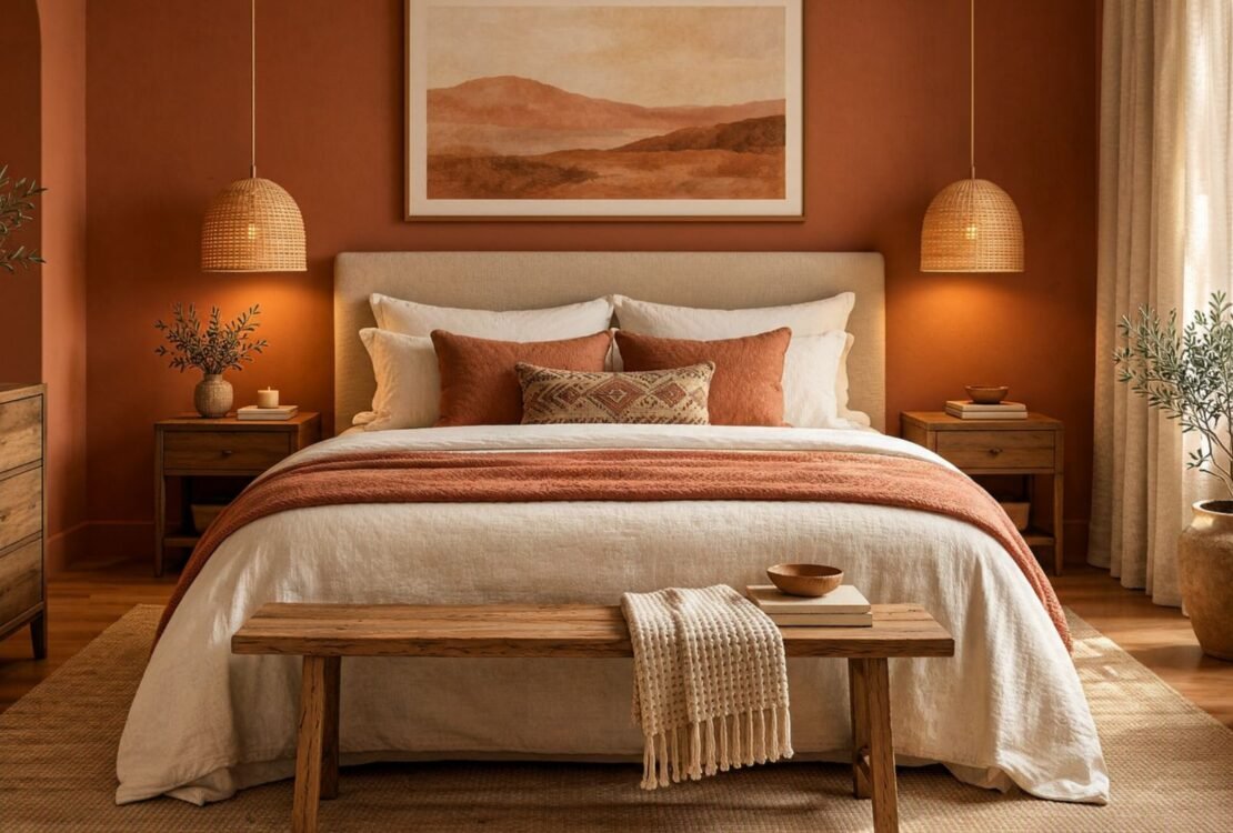 Warm terracotta bedroom ideas with earthy clay walls, upholstered bed, layered cream bedding, natural wood furniture, and soft lighting.