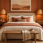 Warm terracotta bedroom ideas with earthy clay walls, upholstered bed, layered cream bedding, natural wood furniture, and soft lighting.