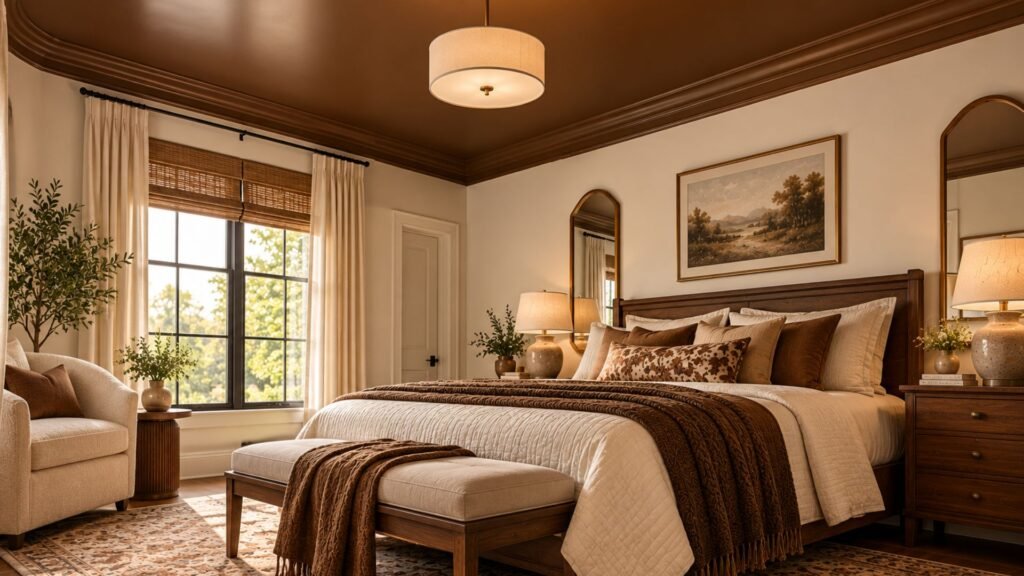 Architectural bedroom with a deep tobacco brown ceiling, warm white walls, simple wooden bed, and understated contemporary lighting.