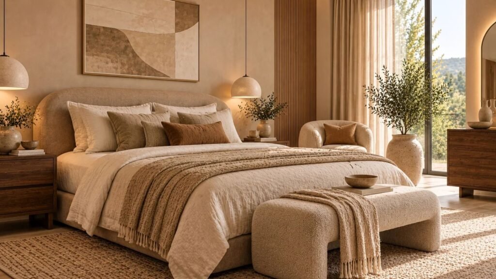 Contemporary tonal beige bedroom with biscuit-colored walls, camel upholstered platform bed, pale linen bedding and sculptural furniture.